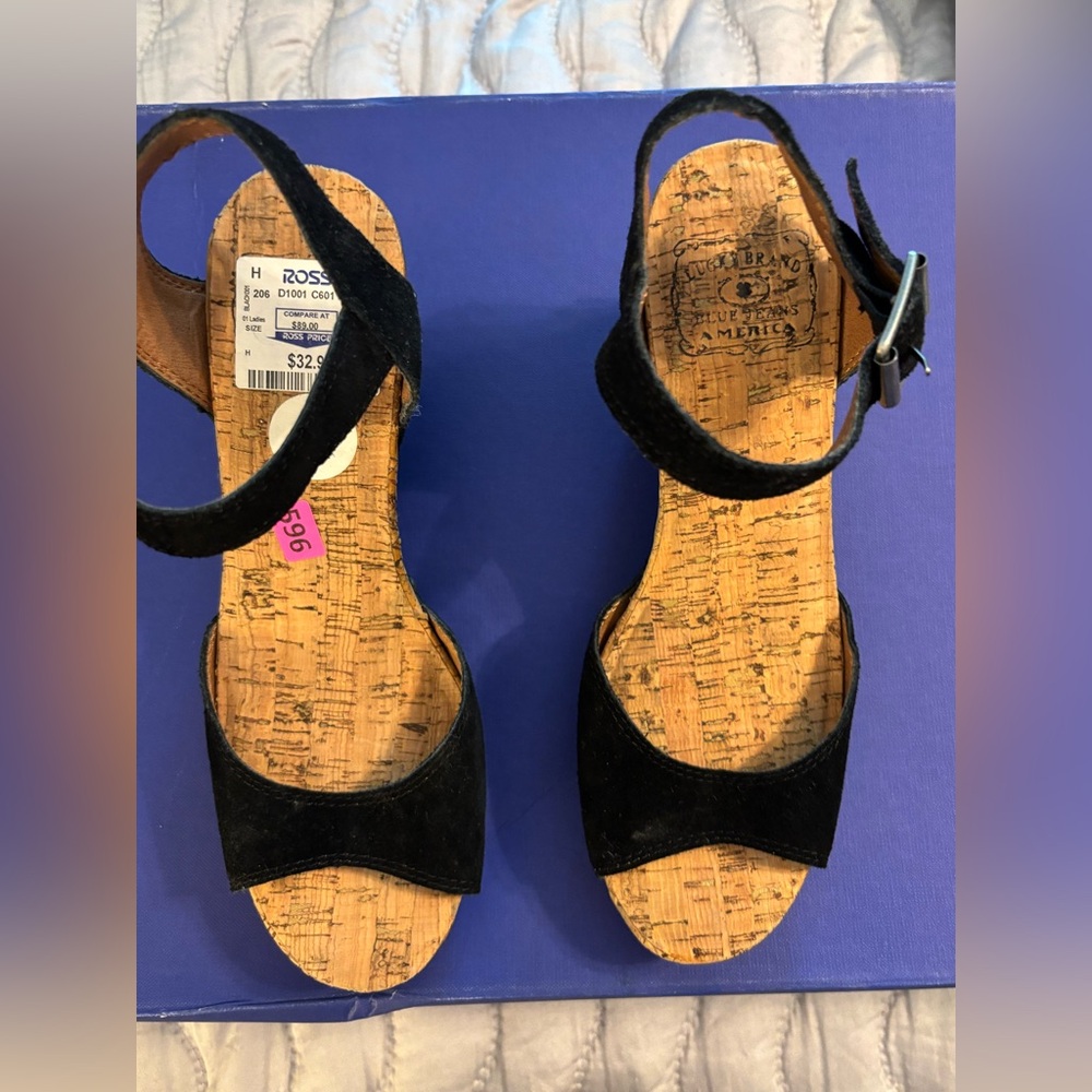 Lucky Brand Women's Black Velvet Straps Cork Wedge Sandals-size 8-NWT